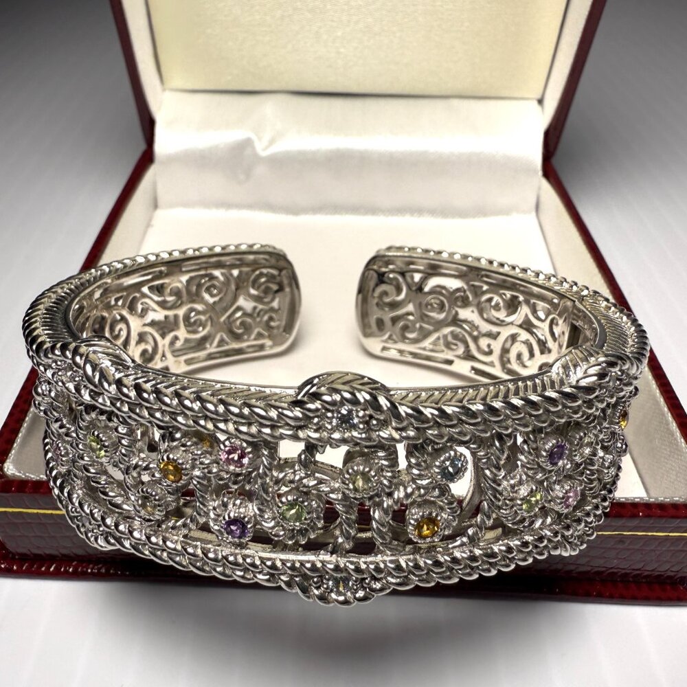 Judith Ripka 925 Sterling Multicolor Gemstone Scroll Design Hinged Cuff Bracelet